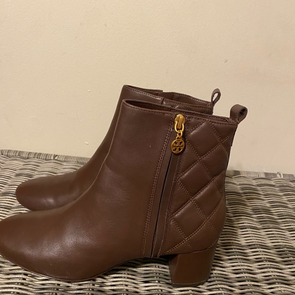 Womens Tory Burch chocolate brown leather booties
